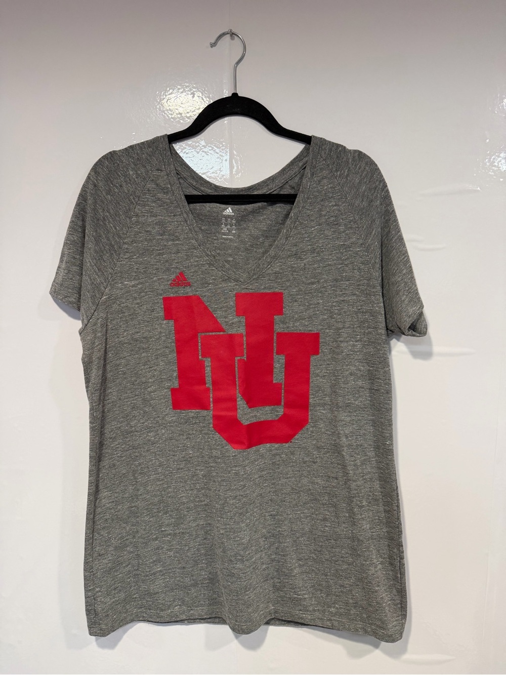 Adidas Nebraska Women’s Gray V-Neck Tee with Red NU Logo